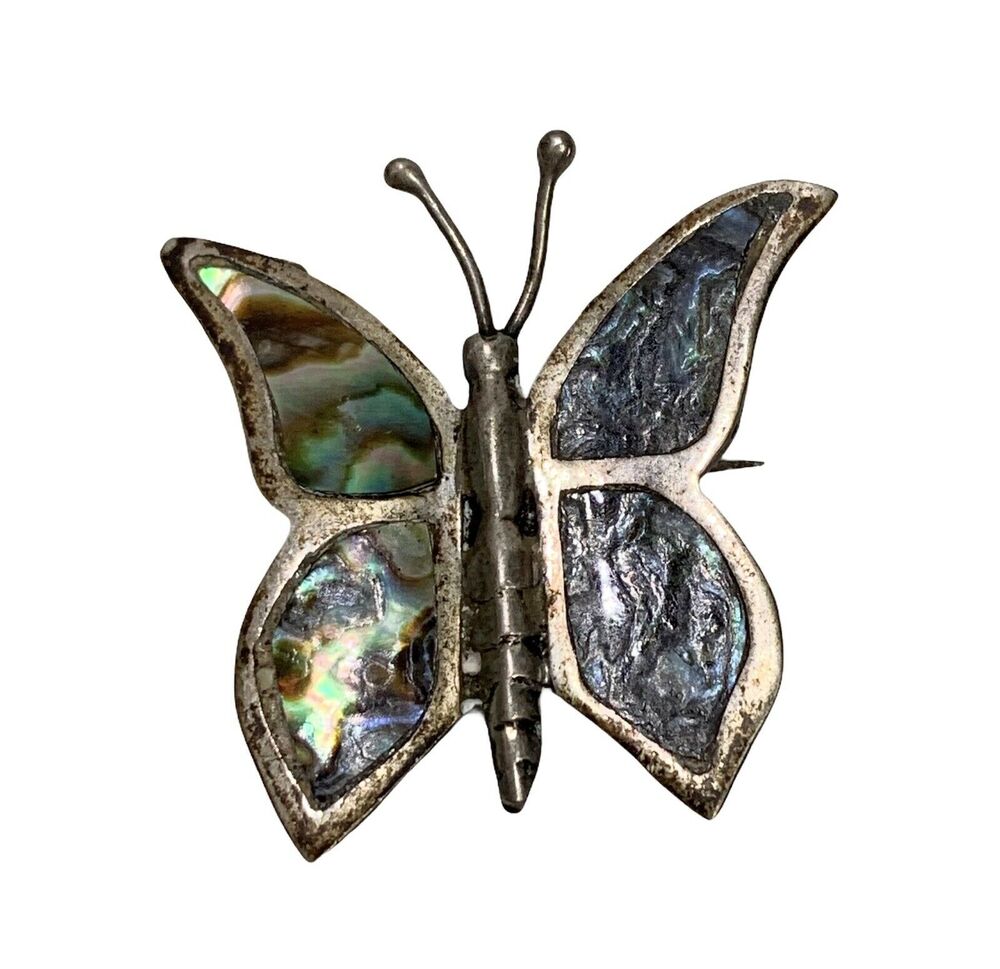 Vintage Mexico Silver Butterfly Brooch Pin Abalone Inlay Signed Marked